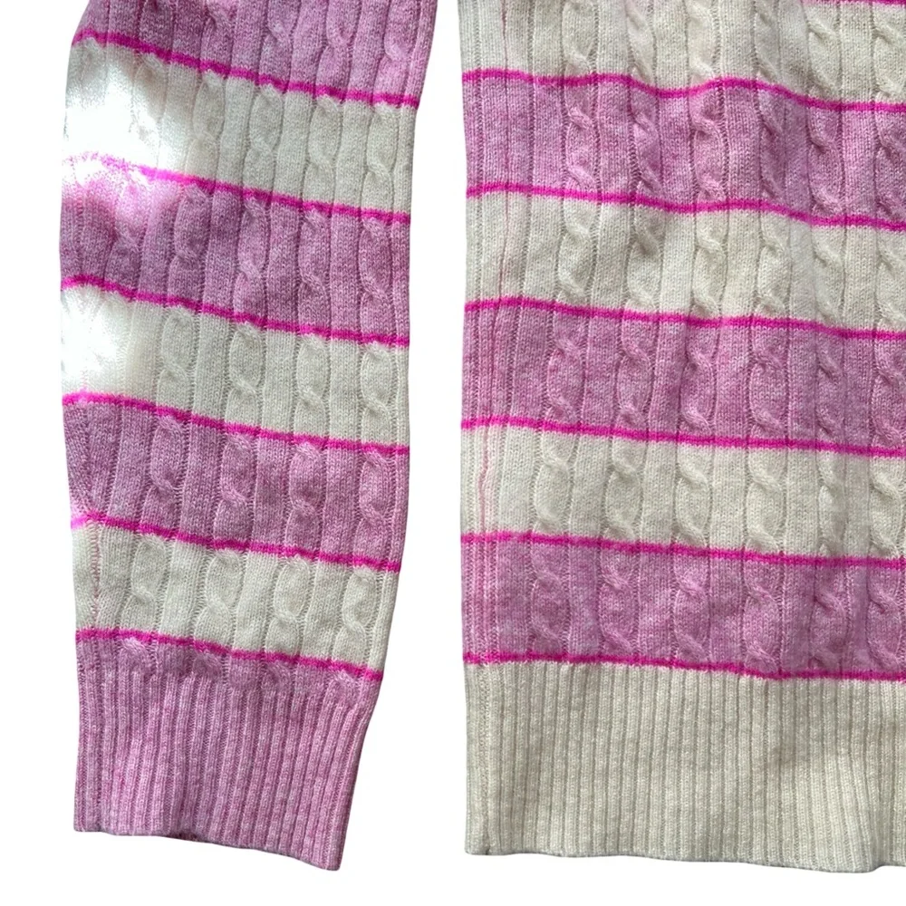 J.Crew Cable-knit Cashmere Crewneck Sweater Pink White Stripe Shoulder Buttons M - Picture 7 of 8